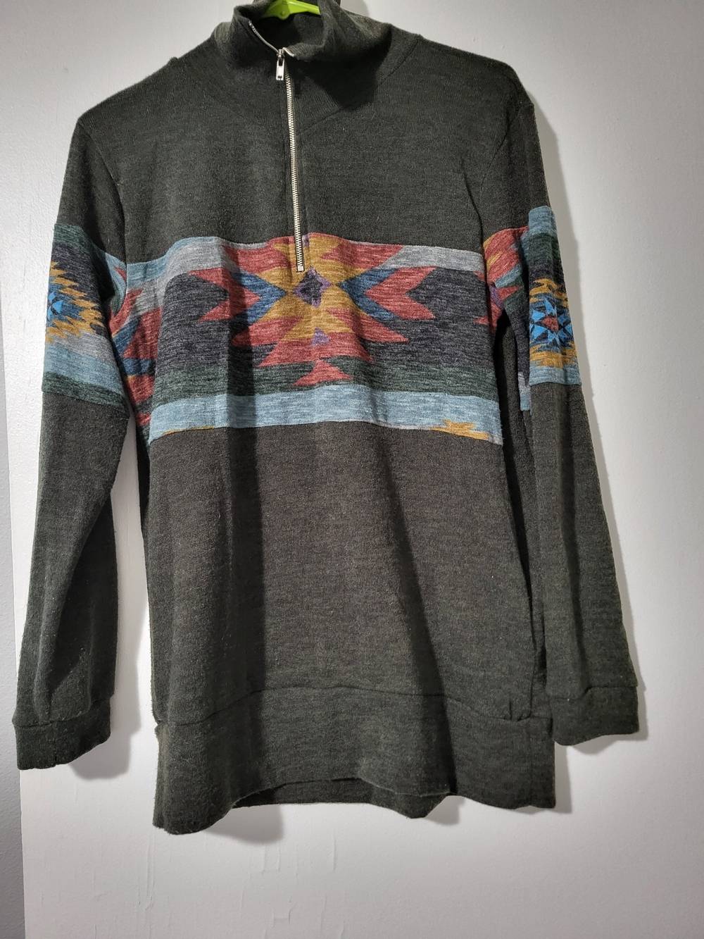 7th Ray Charcoal Zip-Up Sweater with Multi Aztec Stripe, USA
